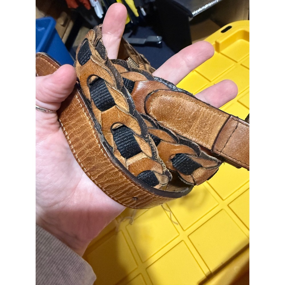 Vintage Brown Leather Woven Braided Belt Mens Southwestern Fabric Inlay Tan 32